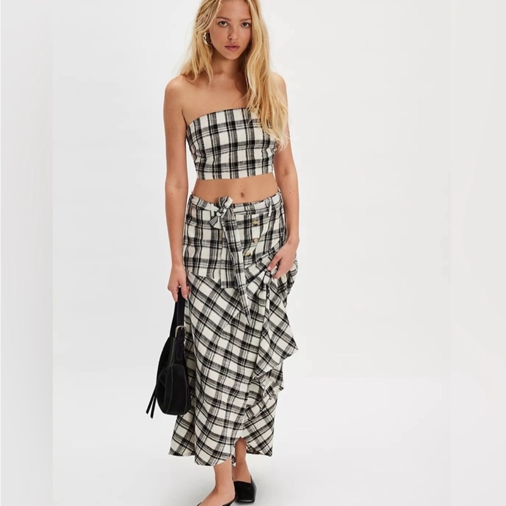 Free People Black & White Plaid Ruffle Maxi Skirt